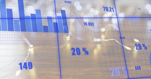 Blue analytics overlay showing bar chart, percent metrics and dashboard on wood surface