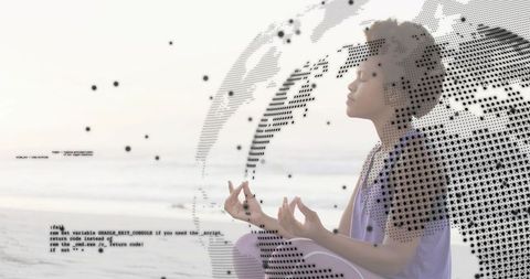 Meditating woman on beach with dotted globe overlay for mindfulness and global wellness