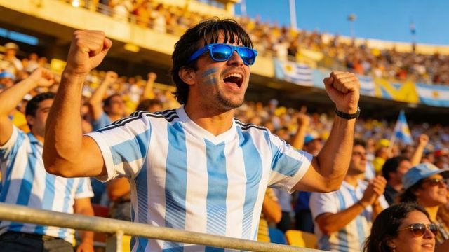 Argentina football fan cheering in stadium wearing blue-white jersey and sunglasses
