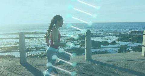Jogger by Sea with Futuristic DNA Helix Overlay