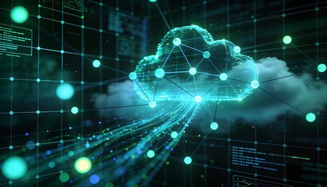 Streaming neon holographic cloud connecting data trails across 3d grid nodes