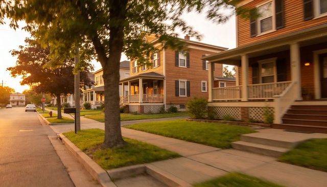 Sunset glow on quiet suburban street featuring two-story homes with porches and wood siding