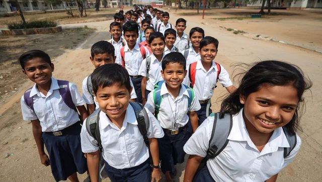Smiling students walking to school in white shirts and navy uniforms with backpacks