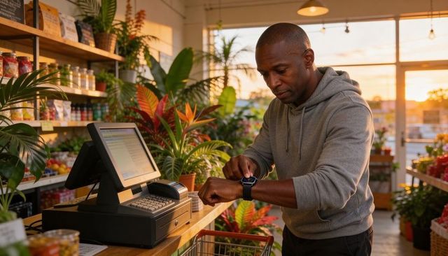 Shop owner checking smartwatch at wooden checkout counter with pos terminal at sunset