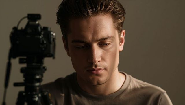 Young man preparing dslr on tripod for moody portrait shoot in minimalist studio lighting