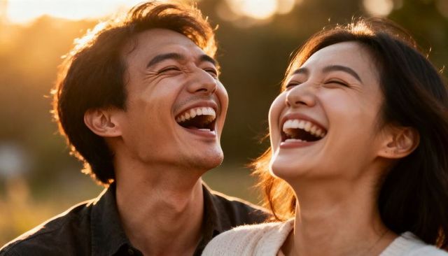 Golden-hour couple laughing outdoors, warm candid connection and joyful intimate moment