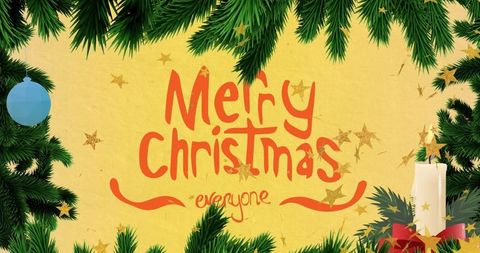 Festive merry christmas card with red text and evergreen