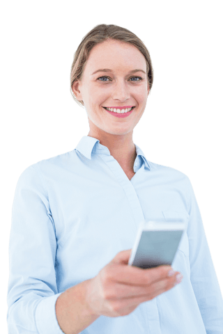 Transparent Businesswoman Smiling Holding Smartphone - Download Free Stock Videos Pikwizard.com