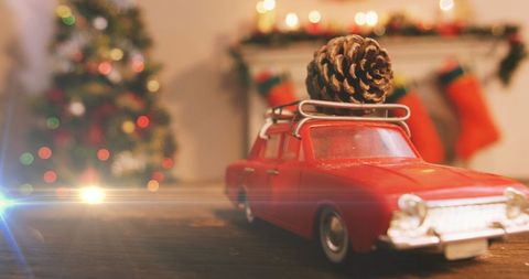 Vintage Red Car With Pine Cone Bright Holiday Scene - Download Free Stock Images Pikwizard.com