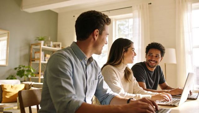 Young professionals collaborating from home around laptops in bright living room workspace