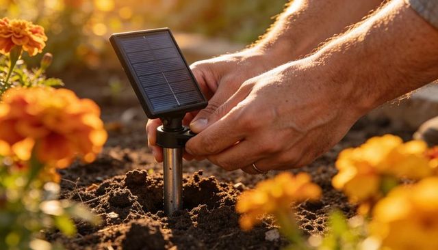 Hands installing solar garden stake among orange marigolds at golden hour
