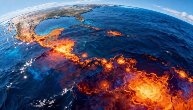 Molten-Orange Plumes Sweeping Across Coastal Ocean with Vortex Swirls and Turquoise Shallows