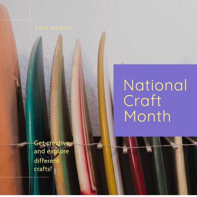 Image shows various surfboards standing in a workshop, highlighting National Craft Month and inviting creativity. Ideal for promotional materials for craft events, DIY workshops, hobbyist communities, or surf culture enthusiasts celebrating the month of crafting and creativity.