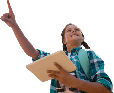 Girl in plaid with digital tablet pointing on transparent background