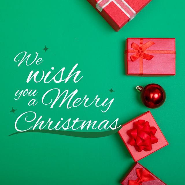 This festive image features a cheerful Christmas greeting text alongside beautifully wrapped red gifts and a shiny ornament on a vibrant green background. Perfect for use in holiday campaigns, greeting cards, social media posts, and promotional materials to spread holiday cheer and festive joy.