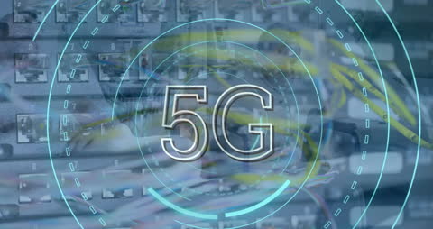 5G Technology Display with Networking Servers in Background