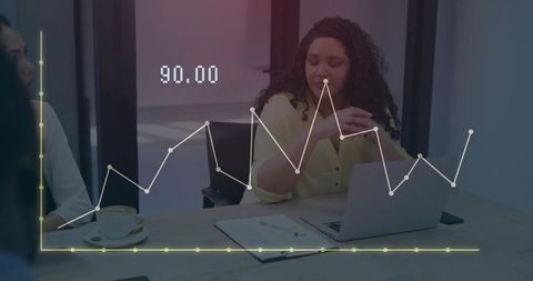 Curly businesswoman reviewing documents, analyzing data chart 90.00 in boardroom meeting