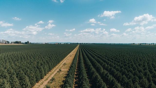 Symmetrical Evergreen Plantation Stretched Across Rural Landscape