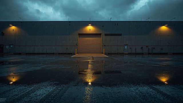 Illuminated Warehouse Exterior at Night with Reflective Wet Pavement