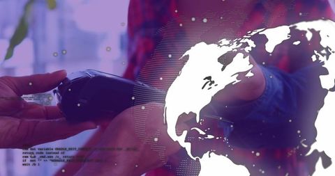 Digital finance concept with globe and diverse credit card transaction