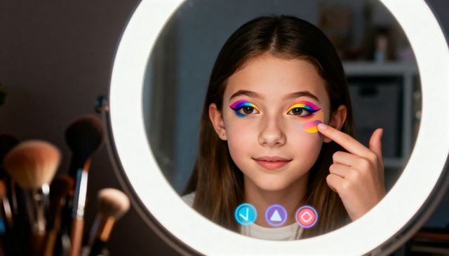 Teen applying vibrant rainbow eye makeup in led ring mirror at vanity with brushes