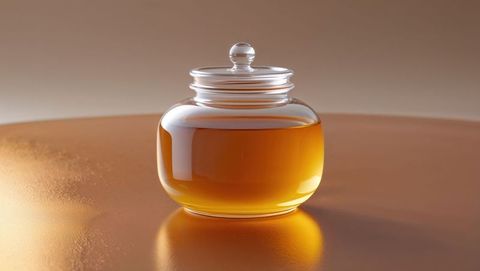 Elegant glass jar with amber corn syrup on sophisticated surface