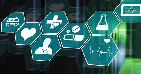 Digital healthcare icons and data processing on servers