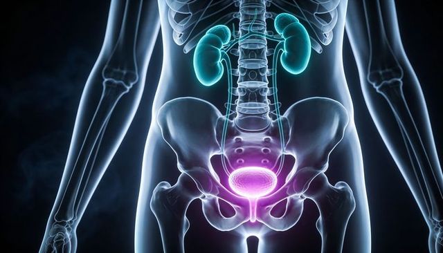Transparent torso highlighting kidneys, ureters and glowing bladder over pelvic skeleton