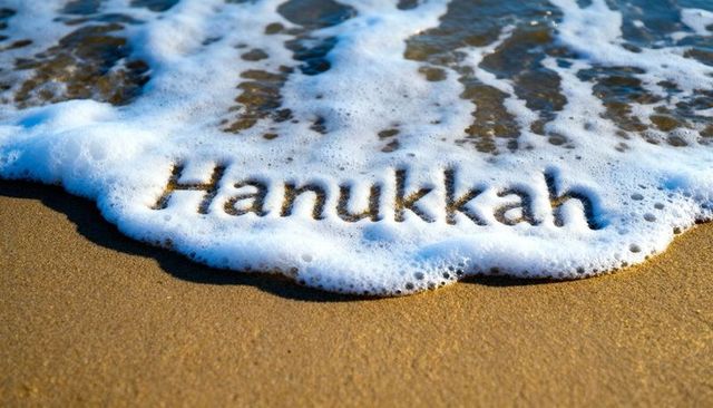 Hanukkah lettering washing over on sunlit sandy beach with foamy surf and shoreline