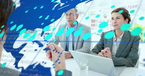 Executive panel listening and evaluating candidate with digital data overlays in boardroom