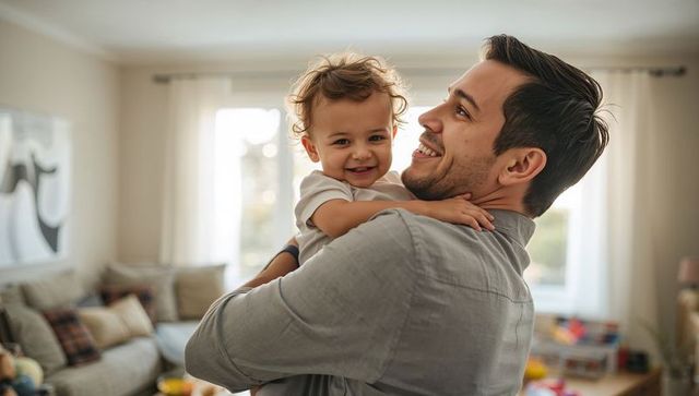 Smiling father holding toddler in bright living room celebrating playful family bonding