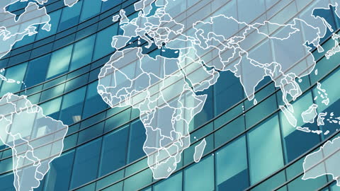 Digital World Map Overlay on Corporate Architecture