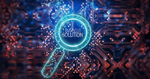 Digital circuit board with business solution magnifying glass