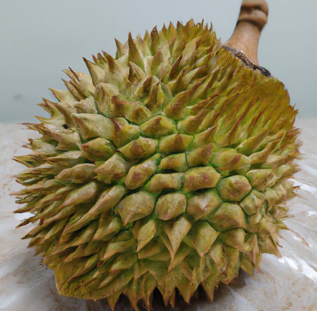 Close up of durian fruit on white background created using generative ai technology. Fruit and nature concept, digitally generated image.