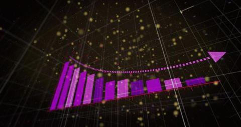 Rising magenta 3D analytics bars arcing upward with dotted trend arrow and gold particles