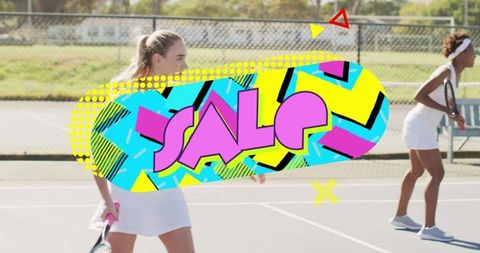 Energetic tennis match with colorful sale overlay