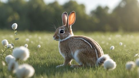 Adorable brown cottontail rabbit in sunlit meadow among wildflowers