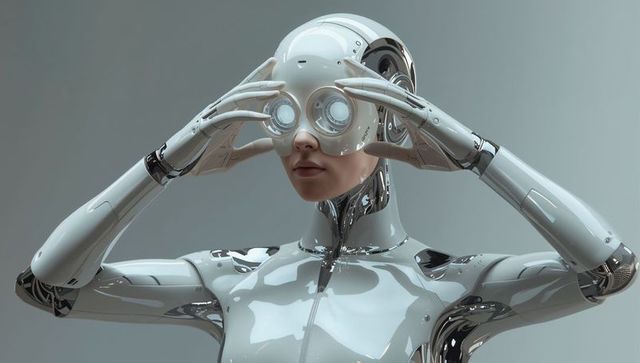 Female humanoid robot adjusting glowing goggles with chrome exoskeleton, futuristic vision