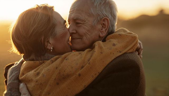 Golden-hour senior couple embracing in meadow, intimate romantic sunset moment