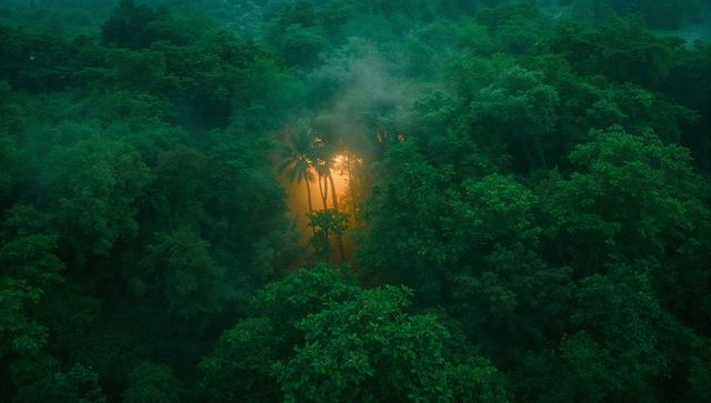 Mystical orange glow in lush jungle canyon with dense foliage