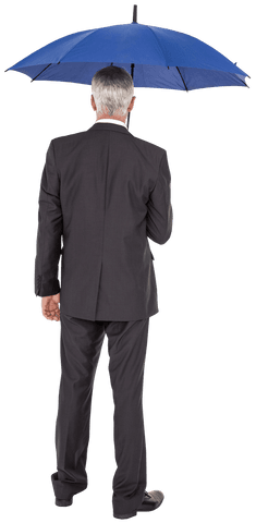 Back View of Businessman Holding Blue Umbrella on Transparent Background