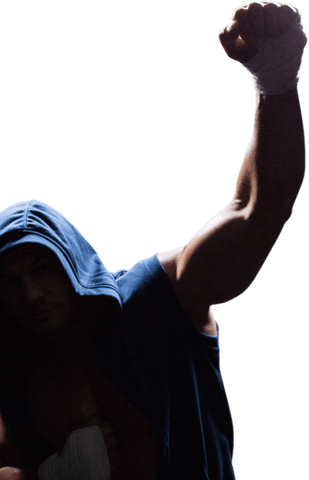 Athlete in Hoodie Celebrating Victory with Raised Arm on Transparent Background