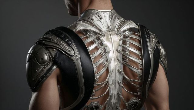 Male exoskeleton backplate showing biomechanical ribcage, spine and armored pauldrons with rivets