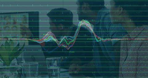 Hr team reviewing candidate headshots with animated data waveform overlay in meeting