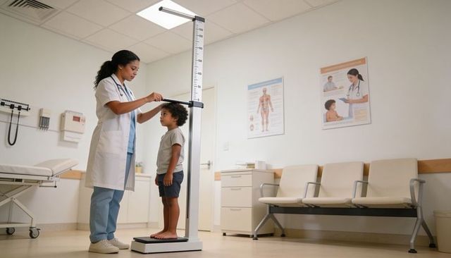 Pediatrician measuring child height on stadiometer during clinic visit for growth check
