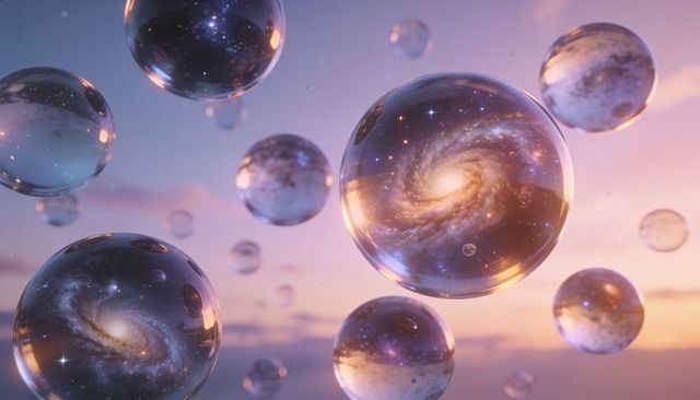Floating glass orbs containing spiral galaxies reflecting pastel twilight