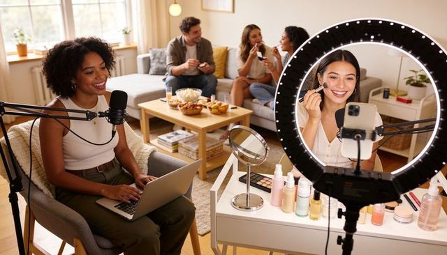 Home creator livestream featuring host typing at laptop and influencer applying makeup
