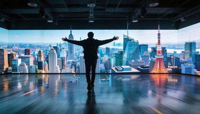 Silhouette traveler spreading arms before curved led city skyline in futuristic gallery