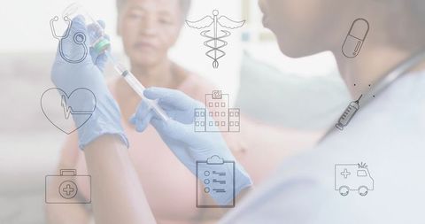 Home nurse preparing vaccine syringe for senior during in-home care visit