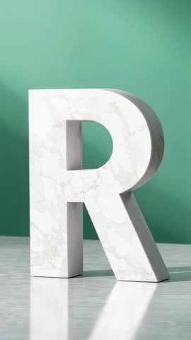 Marble letter R rotating on glossy floor with mint backdrop - 3D luxury typography vertical video